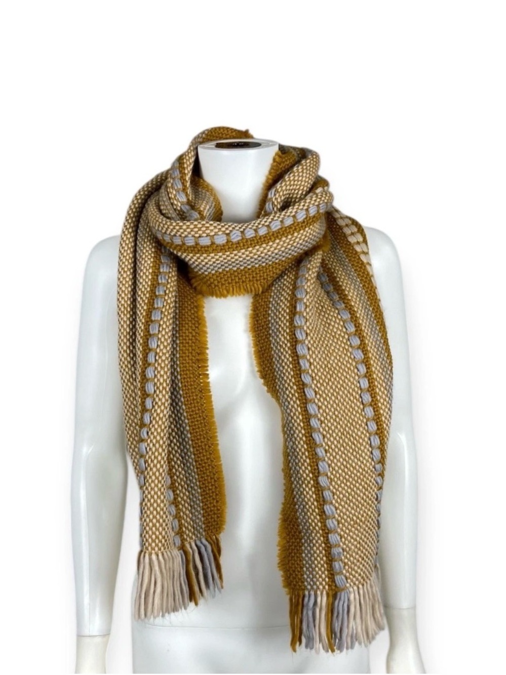 Madewell Chunky Mustard and Cream Woven Fringe Scarf - BNWOT